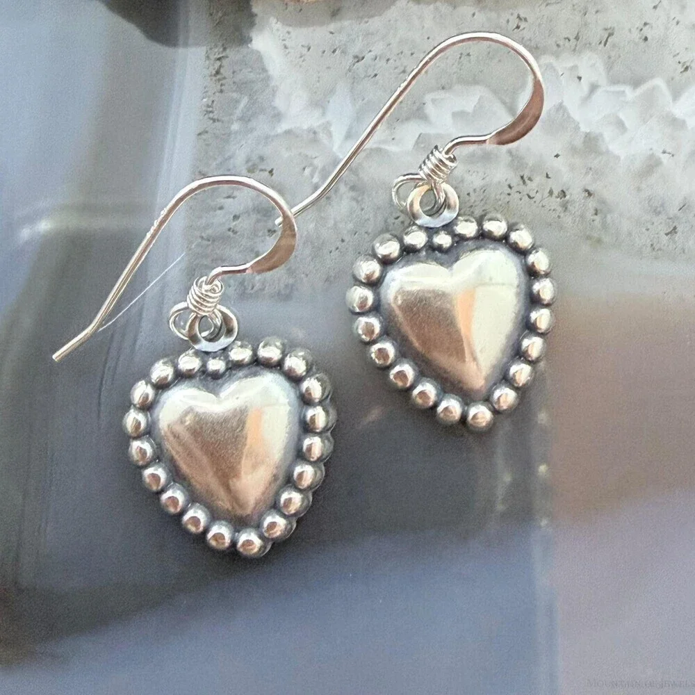 Sterling Silver Southwestern Style Tiny Heart Dangle Earrings For Women